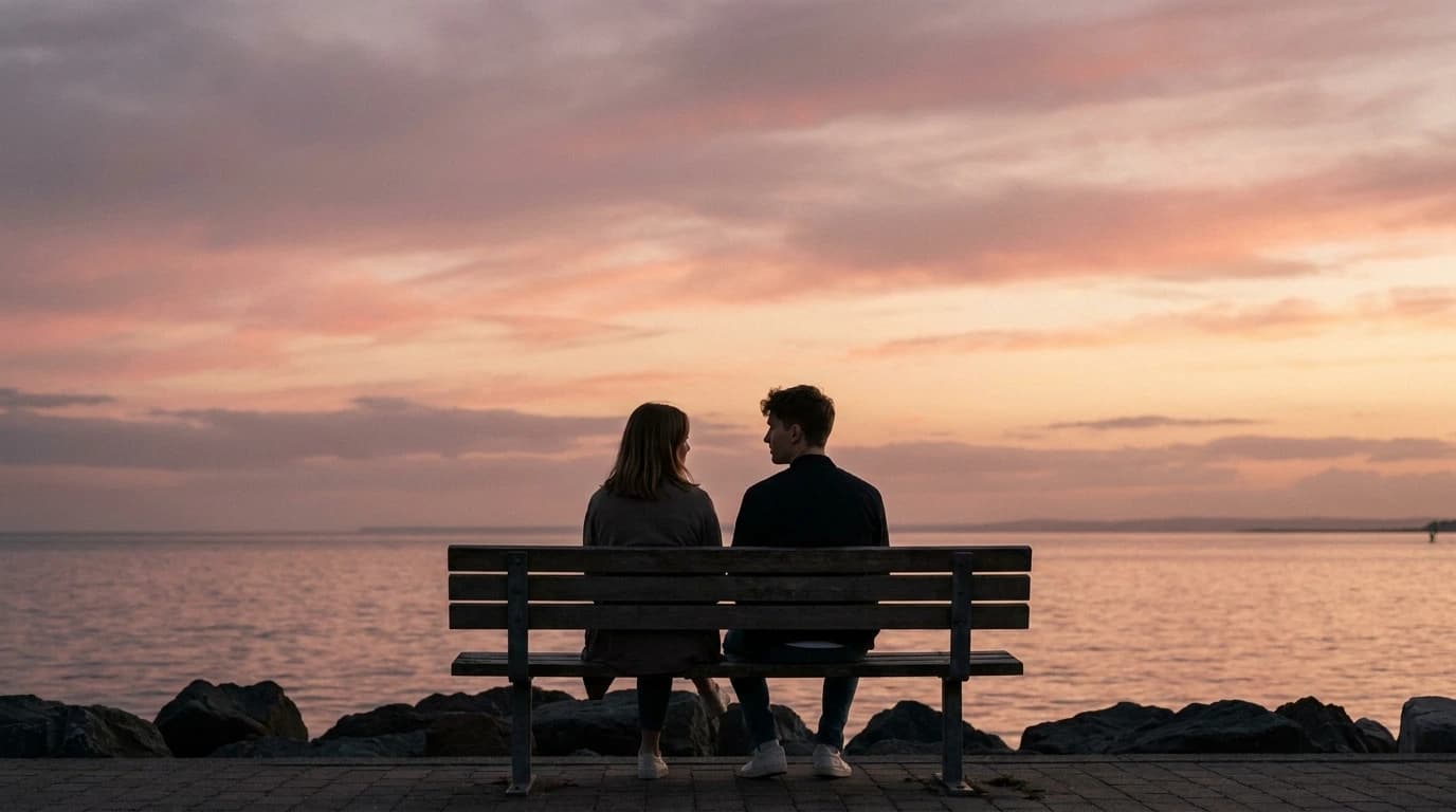 Two silhouettes on a bench facing the sea at sunset, turned toward each other