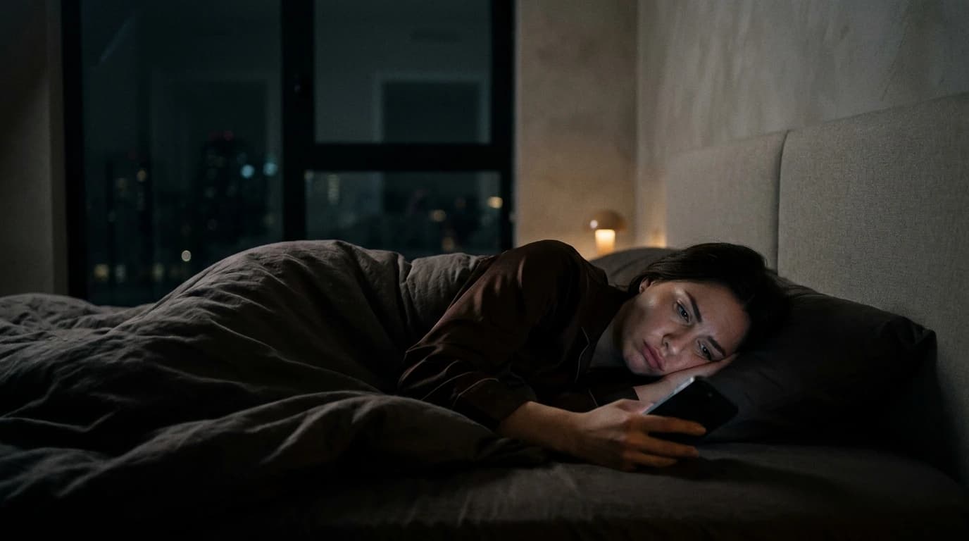 A woman lies in bed at night with her phone in her hand, city lights outside the window