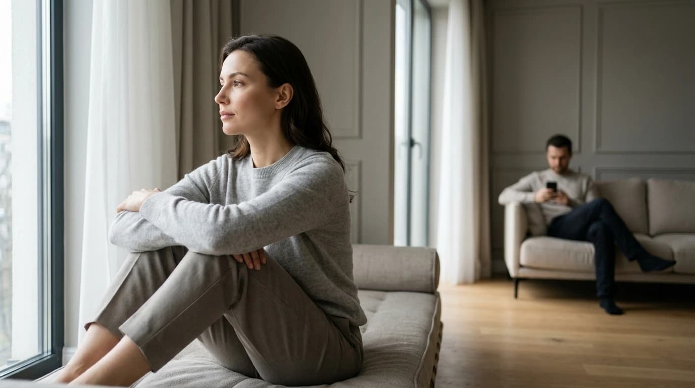 A woman sits by the window with her arms around her knees while a man on the sofa behind her looks at his phone