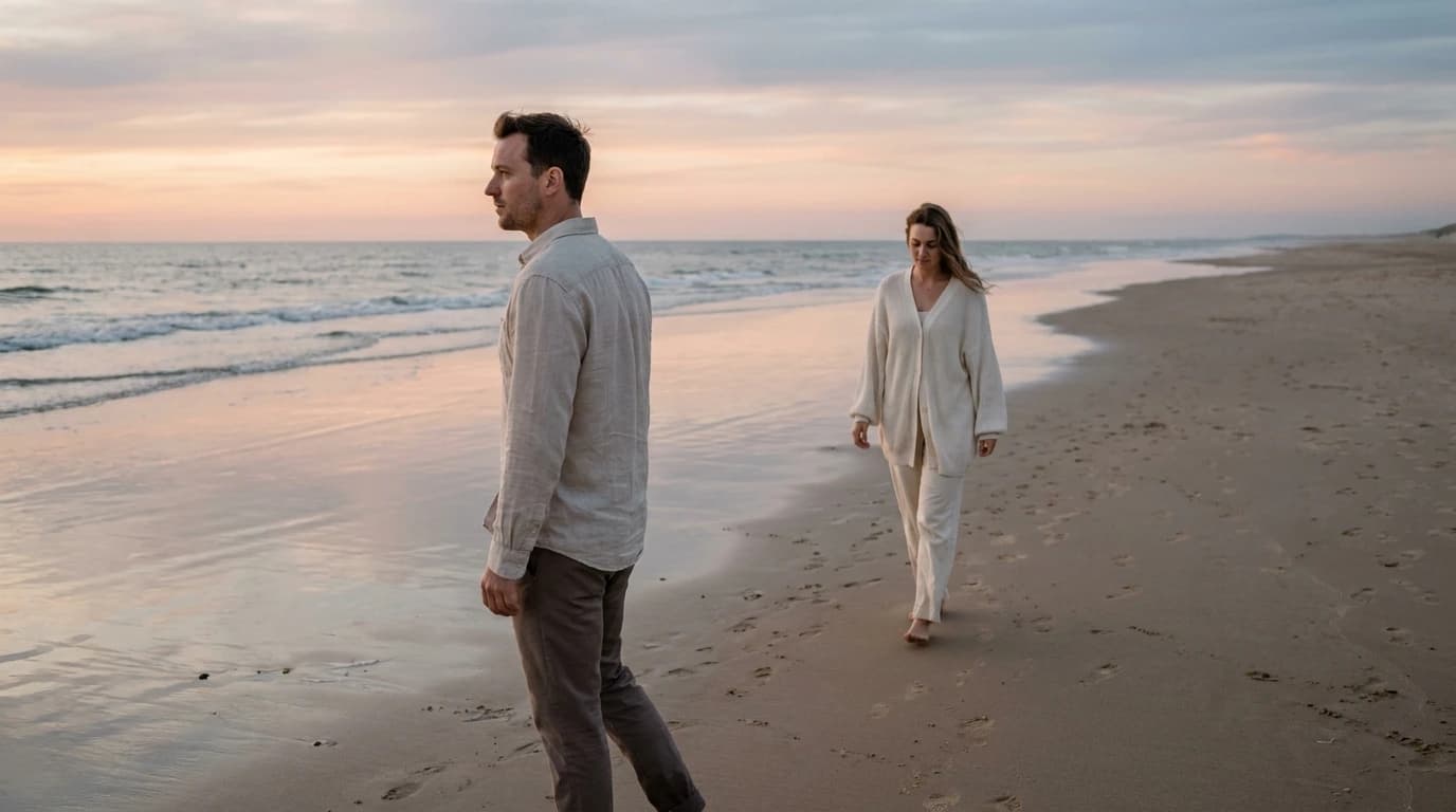 A man and a woman walking along the shoreline at dusk, several steps apart
