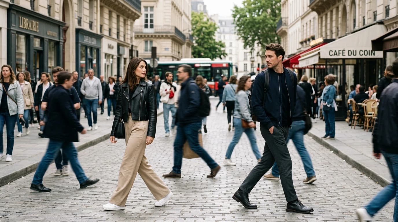 A man and a woman walk in opposite directions across a busy city street