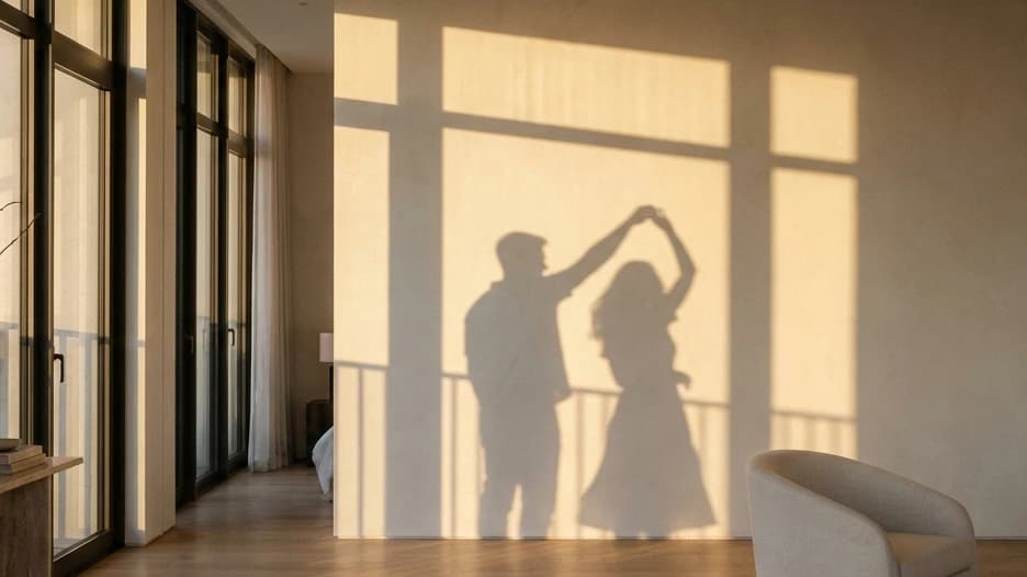 Shadows of a dancing couple on a sunlit wall, he turns her under his arm