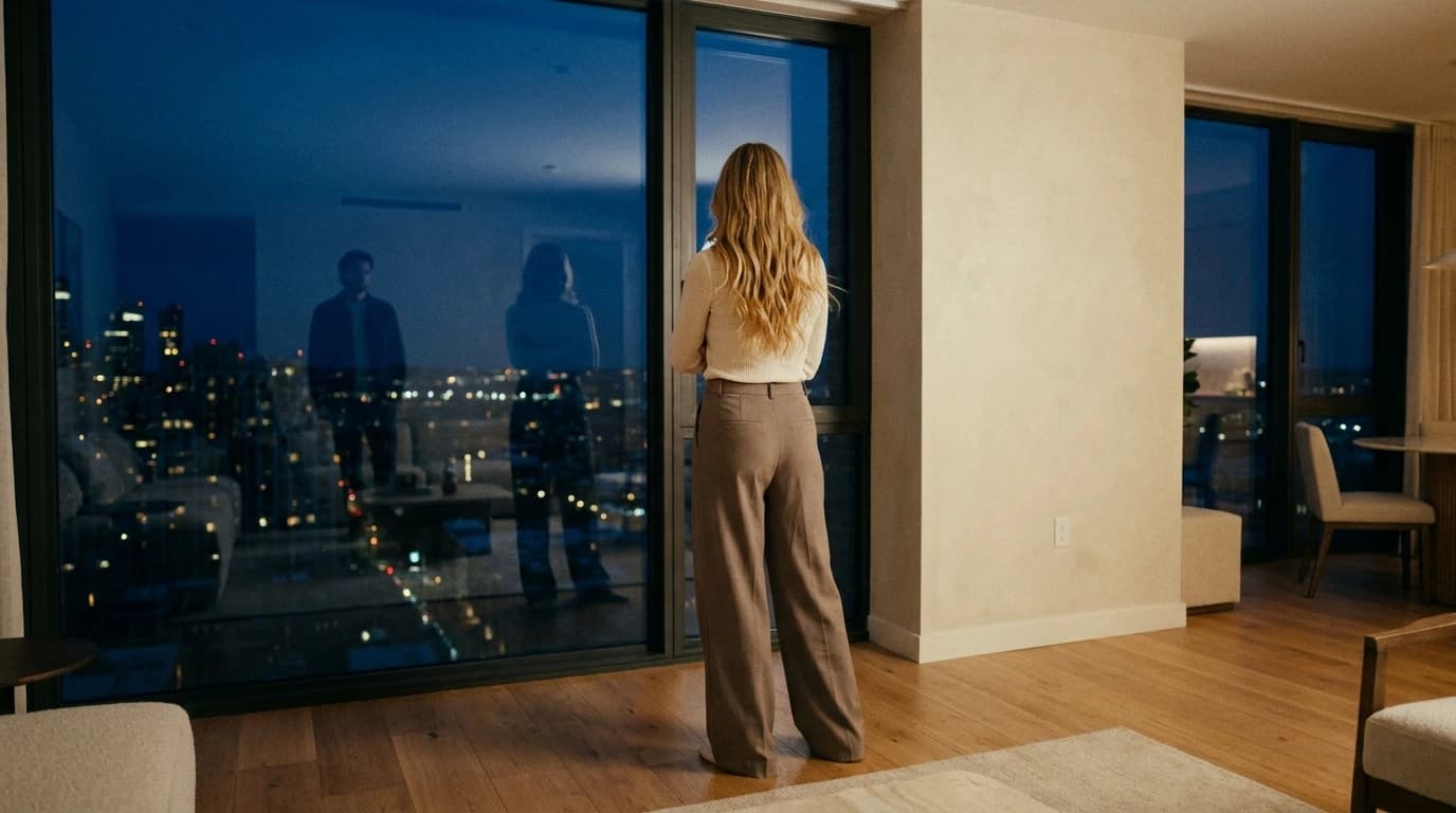 A woman stands at a floor-to-ceiling window at night, two people reflected in the glass behind her