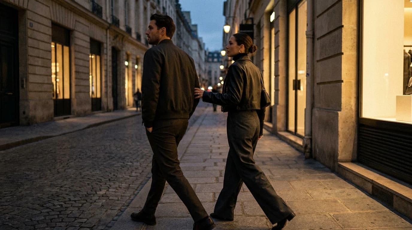 A man and a woman pass each other on an evening street, each looking the other way