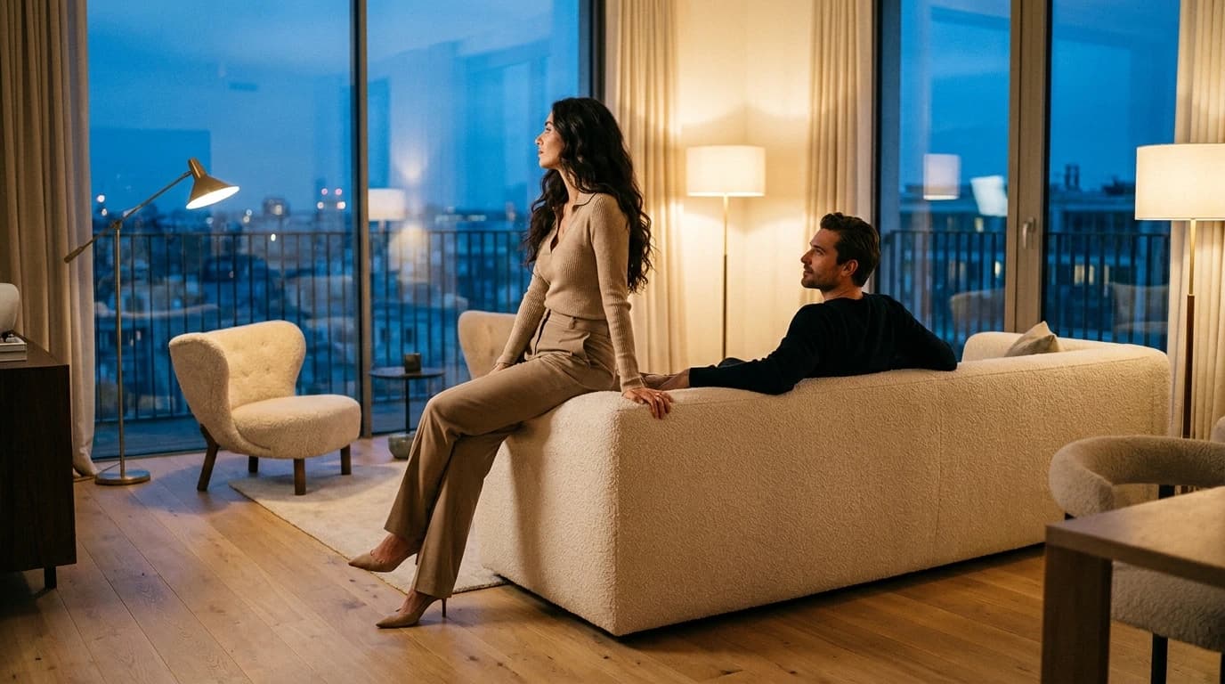 A woman perched on the back of a sofa looks out of the window while the man on it looks the other way