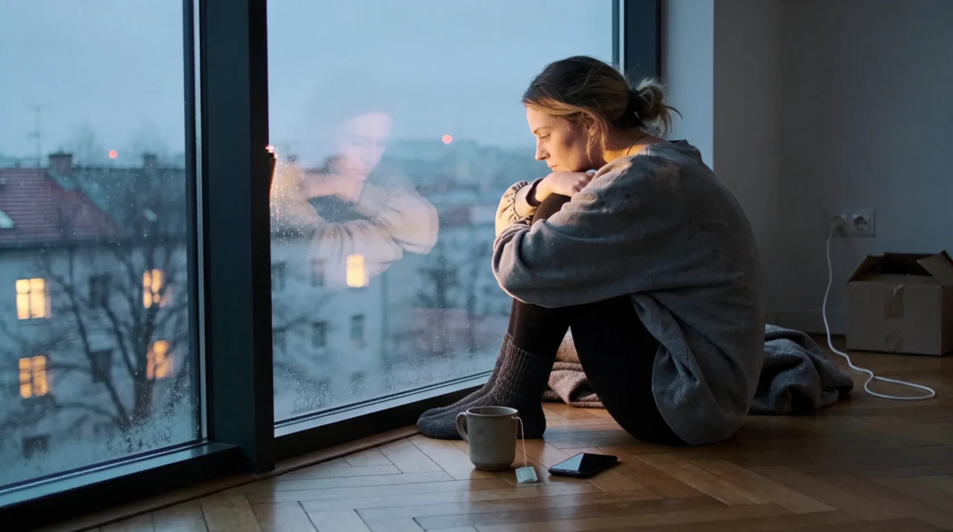 A woman sits on the floor by a rain-streaked window with her arms around her knees, a mug and a phone beside her and a moving box behind