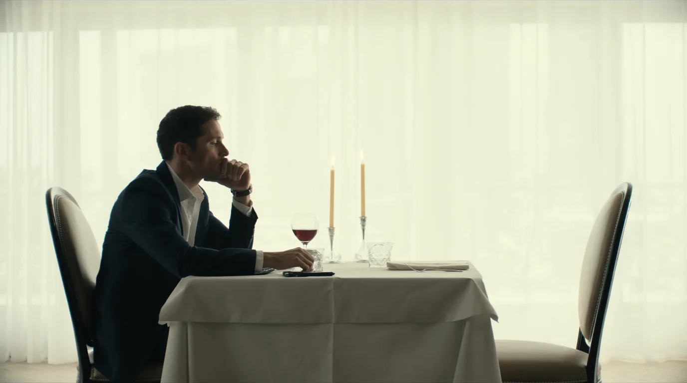 A man sits at a restaurant table set for two, chin on his hand, with two candles lit and the chair across from him empty