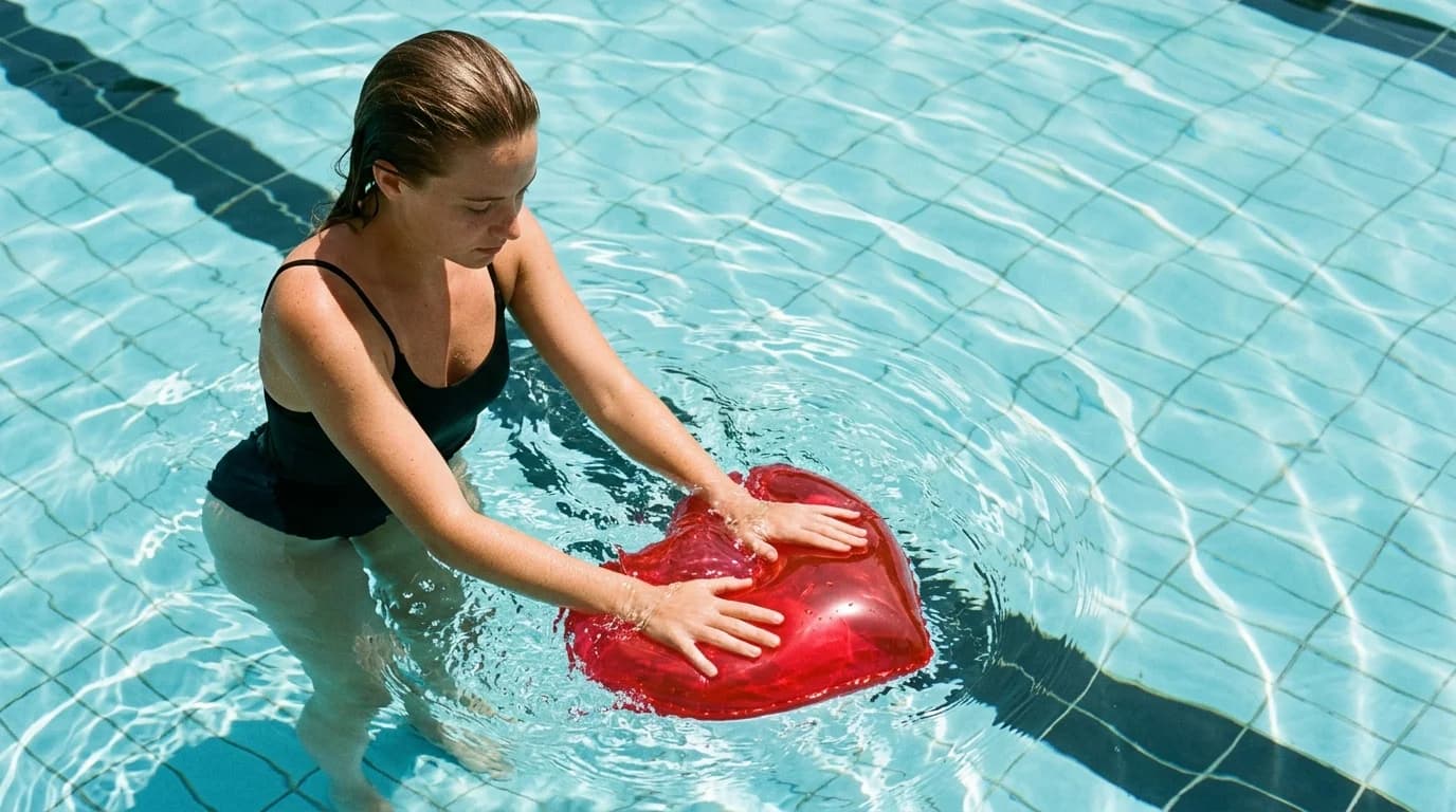 A woman standing in a swimming pool pushes a red inflatable heart under the water with both hands