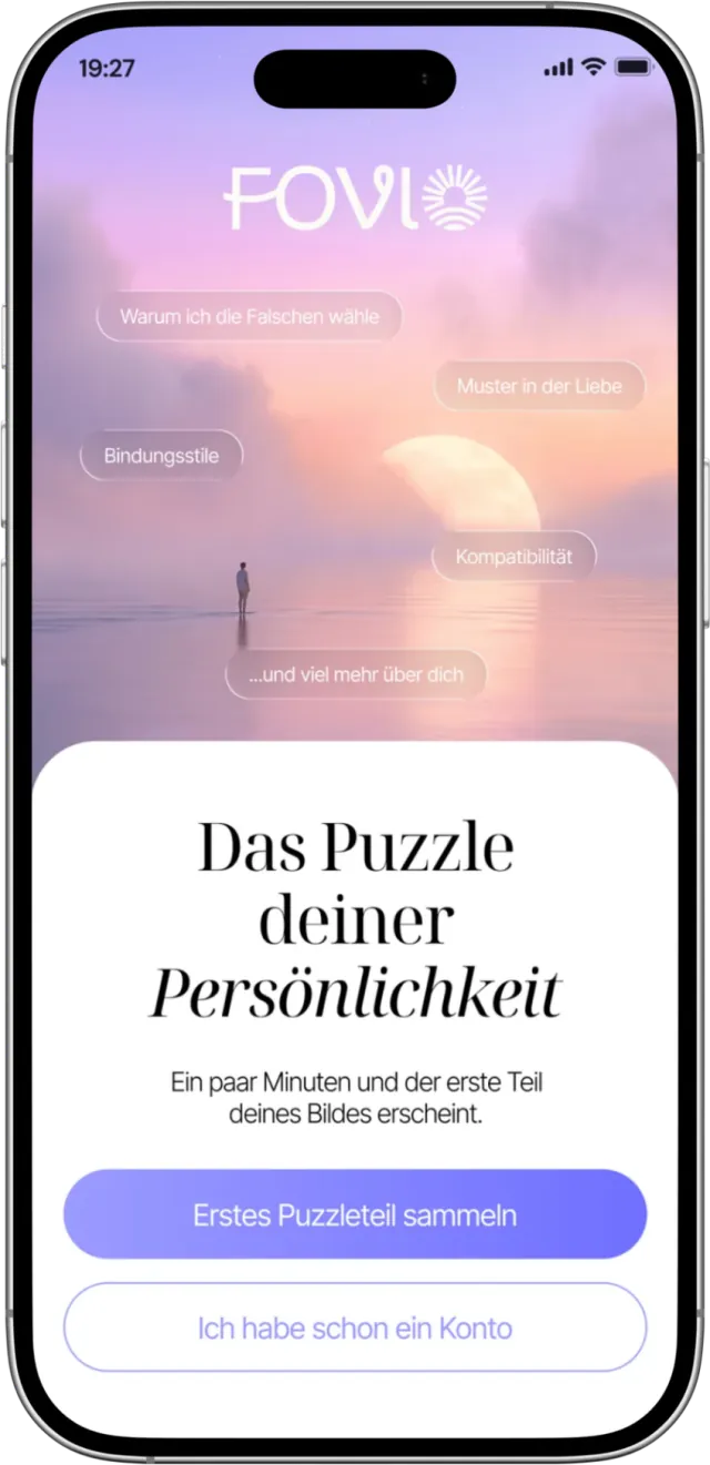 Bildschirm der Fovio App: „Setz das Puzzle deiner Persönlichkeit zusammen“ und Themen zum Erkunden