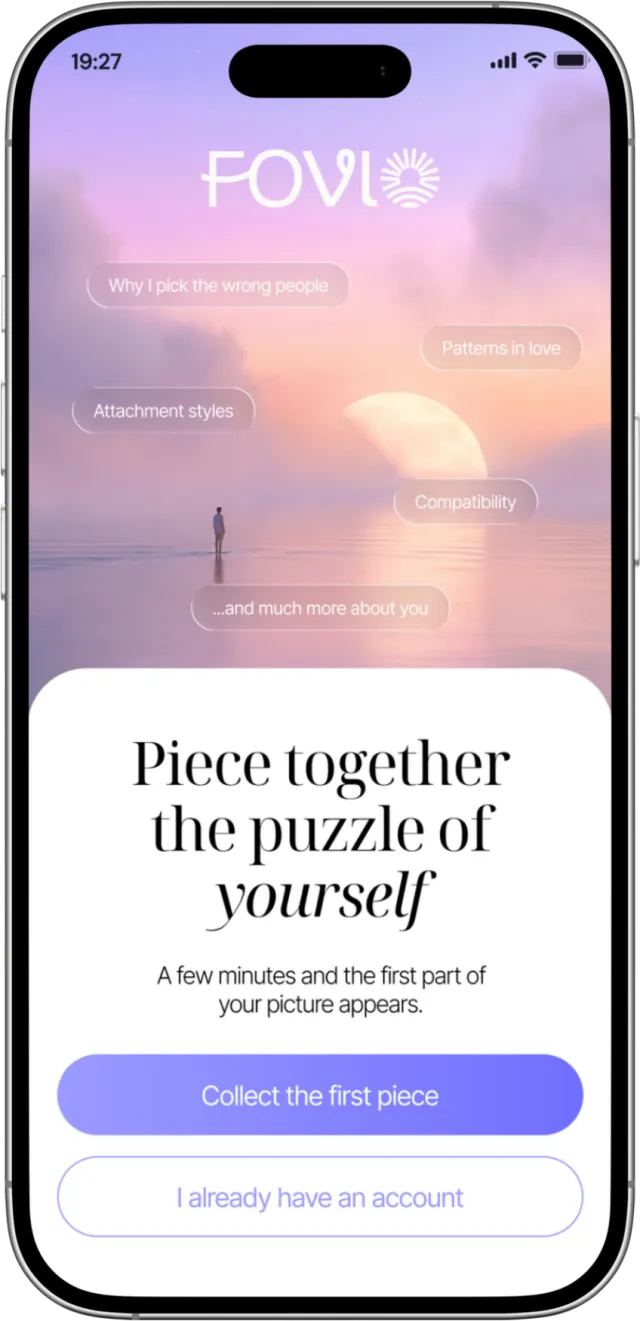 A Fovio app screen: «Build the puzzle of your personality» and the themes to explore