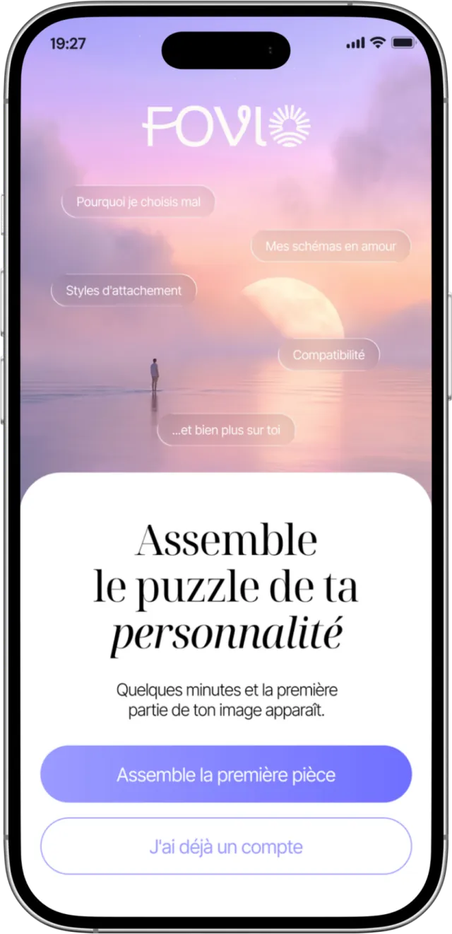 Écran de l'application Fovio : premier pas pour assembler le puzzle de ta personnalité