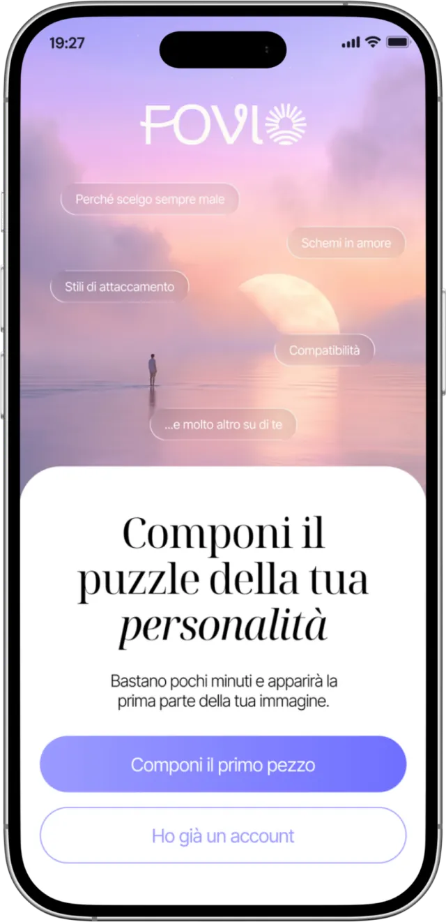 Una schermata dell'app Fovio: «Componi il puzzle della tua personalità» e i temi da esplorare