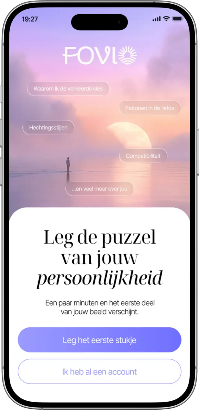 Scherm van de Fovio-app: “Leg de puzzel van je persoonlijkheid” en onderwerpen om te verkennen