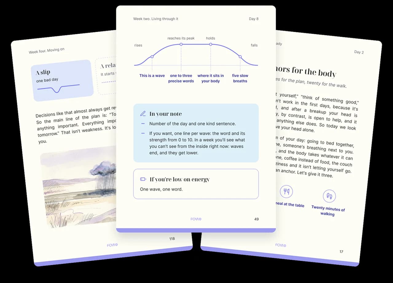 Spreads from the guide «How to Get Through a Breakup»: the wave diagram, a daily practice page and a bad-day plan