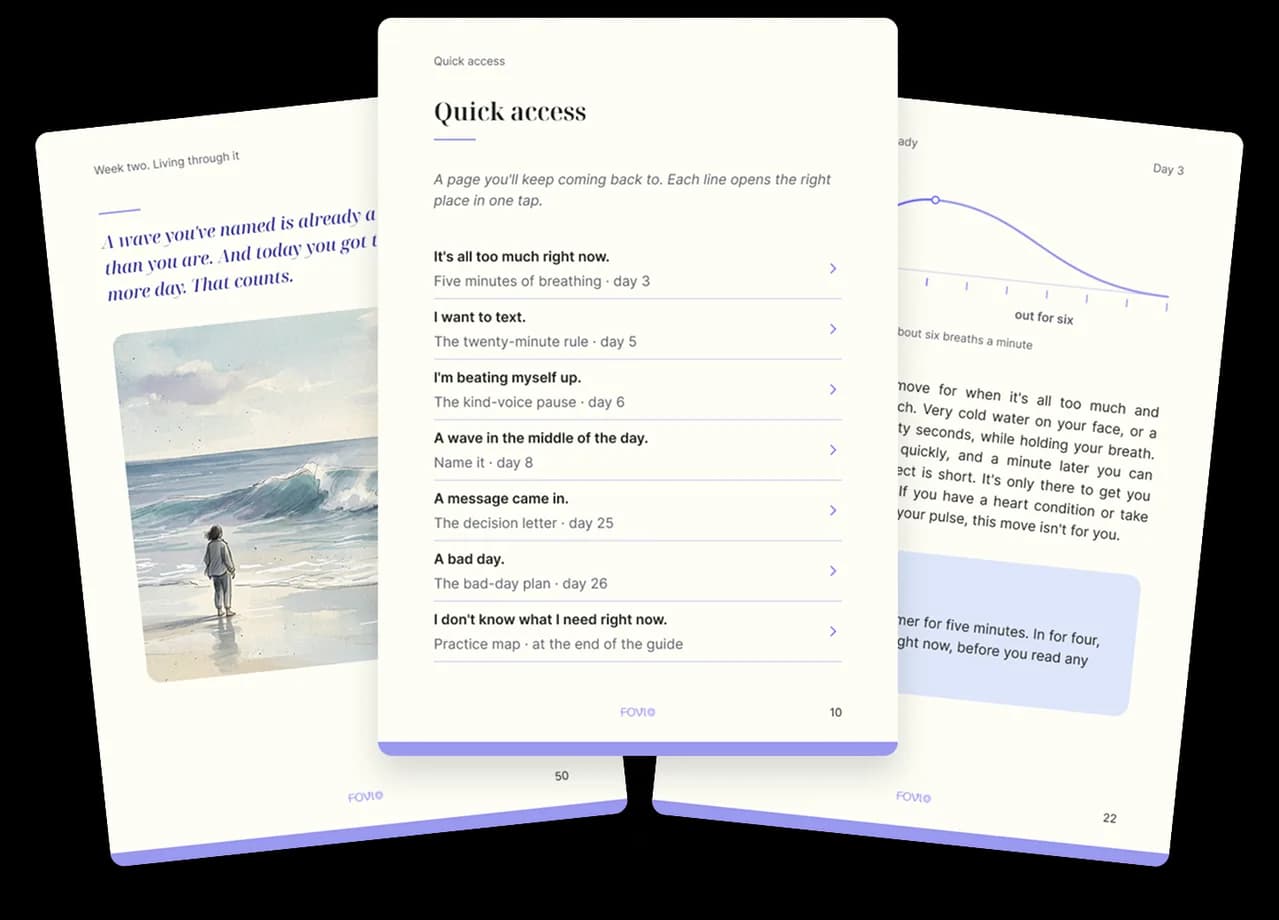 Spreads from the guide «How to Get Through a Breakup»: the quick access page, a breathing practice and a watercolour illustration