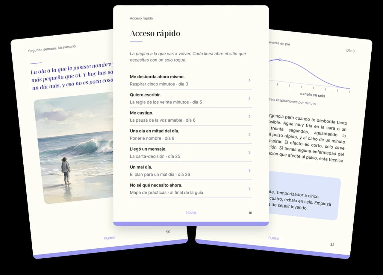 Páginas de la guía «Cómo atravesar una ruptura»: la página de acceso rápido, una práctica de respiración y una ilustración en acuarela