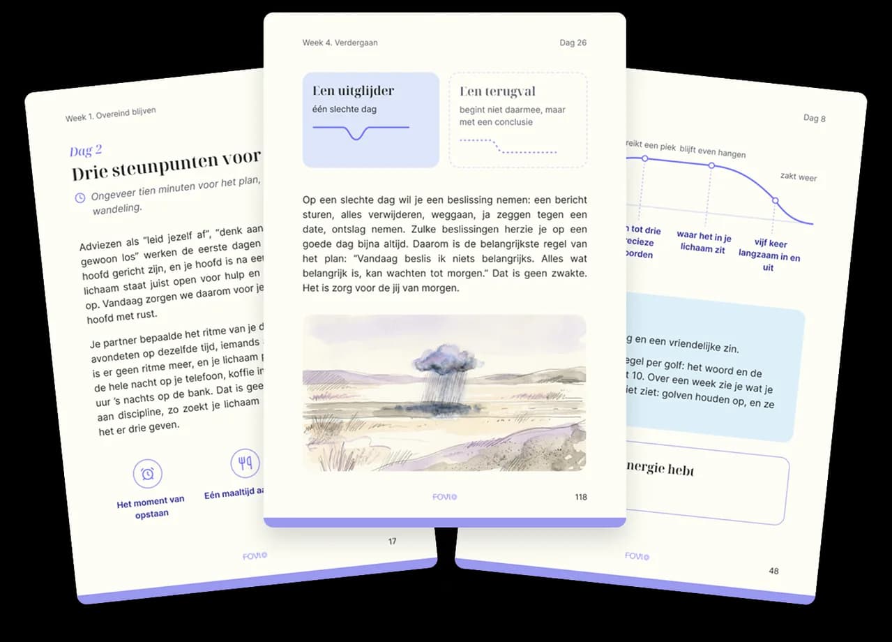 Pagina's uit de gids “Door een relatiebreuk heen komen”: de pagina voor snelle toegang, een ademhalingsoefening en een aquarelillustratie